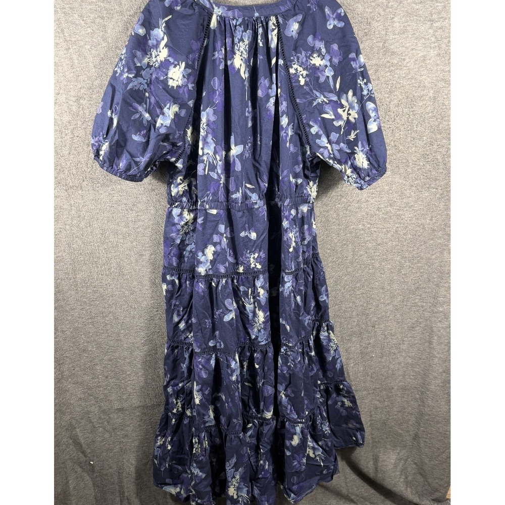 GAP Women's Navy Floral Puff Sleeve Button Up  Tiered Maxi Dress 💯 Cotton 2XL - Picture 2 of 9